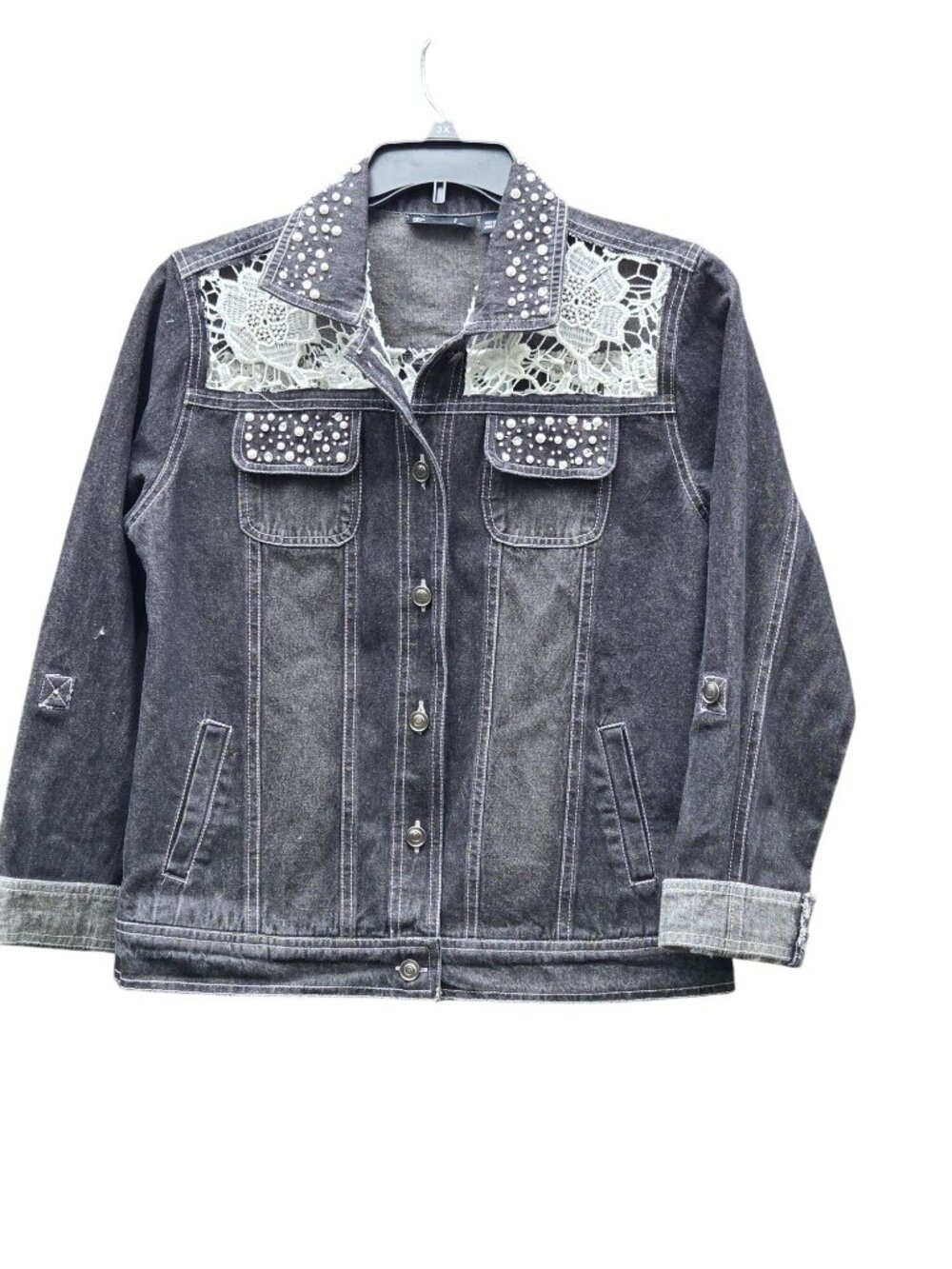 Black Upcycled Denim Lace Windowpane Jacket With Pearls Rhinestones M